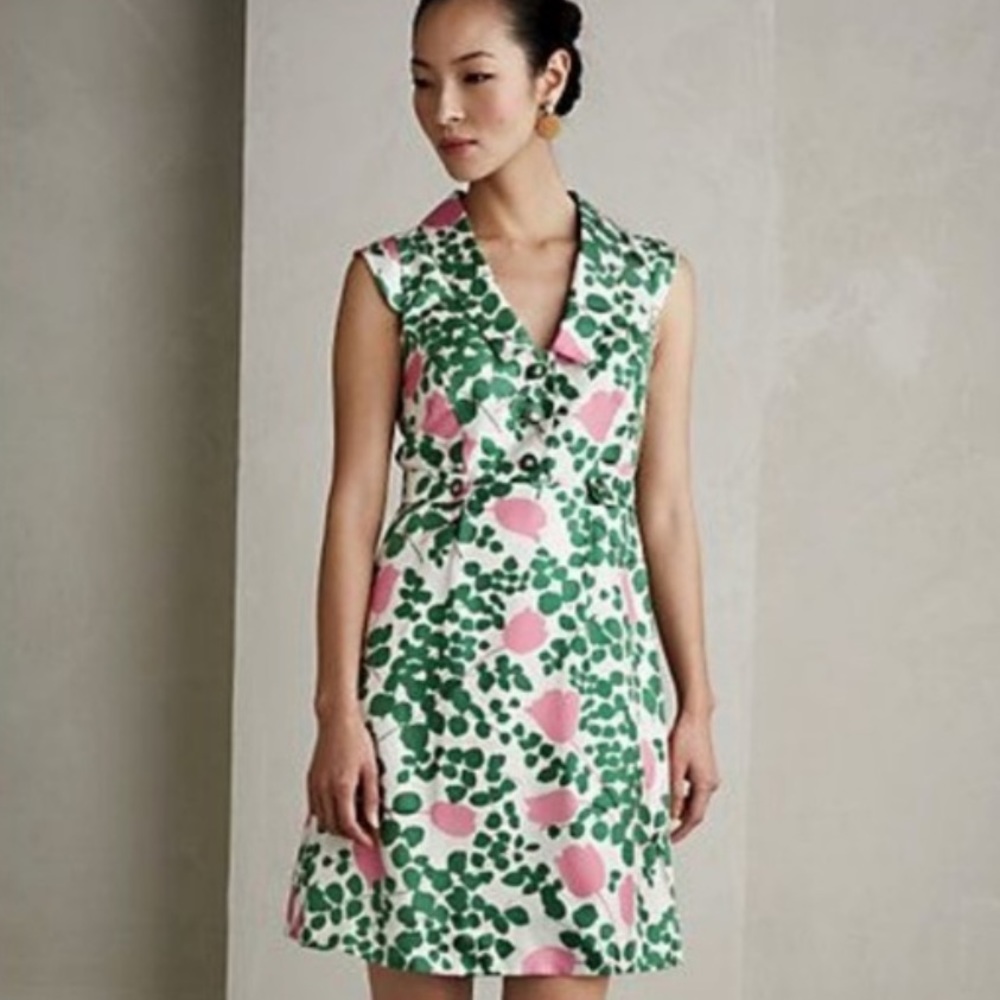 Anthropologie Green and Pink Floral Mini Dress